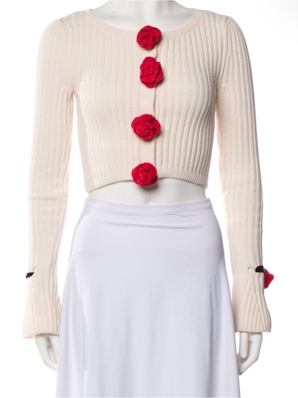 For Love And Lemons Cream Ribbed Cropped Cardigan with Pink Rose Accents